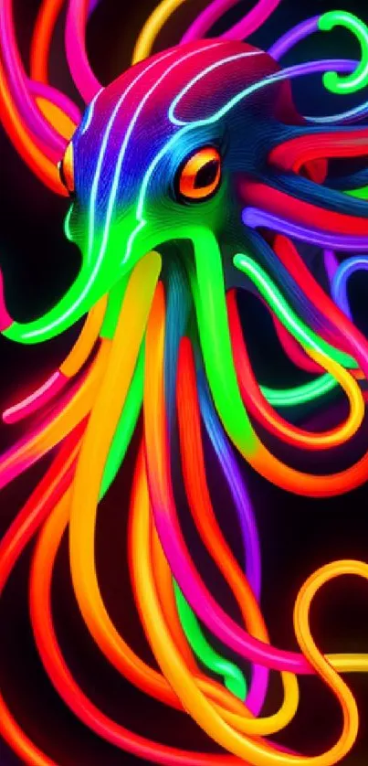 Colorful neon squid art with glowing tentacles.