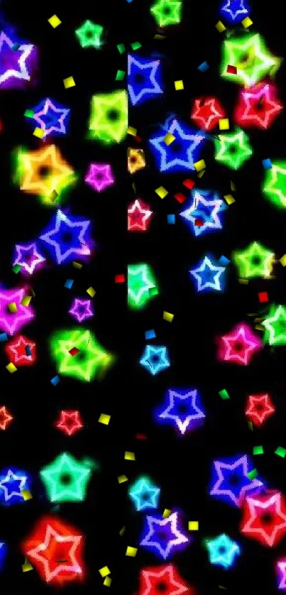 Vibrant neon stars wallpaper with dark background.