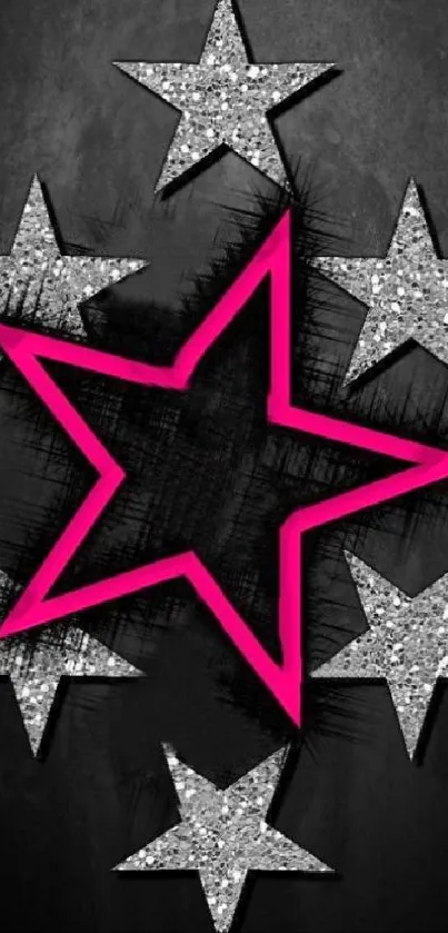 Neon pink star surrounded by silver stars on a black backdrop.