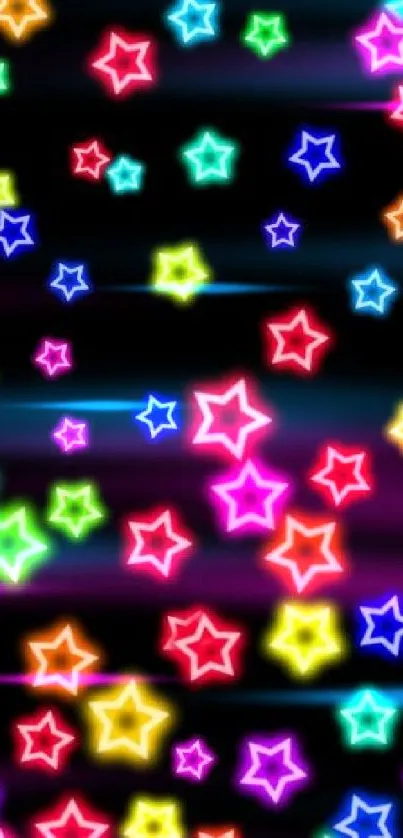 Vibrant neon star wallpaper with colorful glowing stars on a black background.