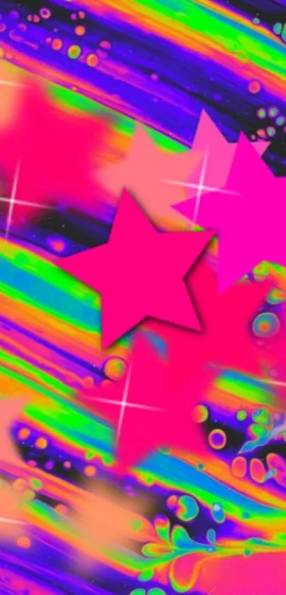 Vibrant neon stars on a colorful abstract background wallpaper.