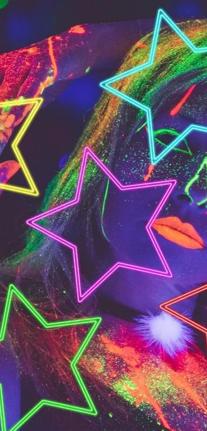 Colorful neon wallpaper with glowing stars and vibrant artistic design.