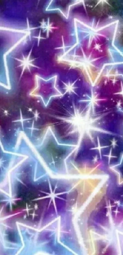 Vibrant wallpaper with neon stars on a purple background.