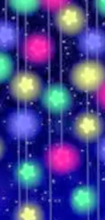 Neon starry wallpaper with glowing orbs on a blue background.