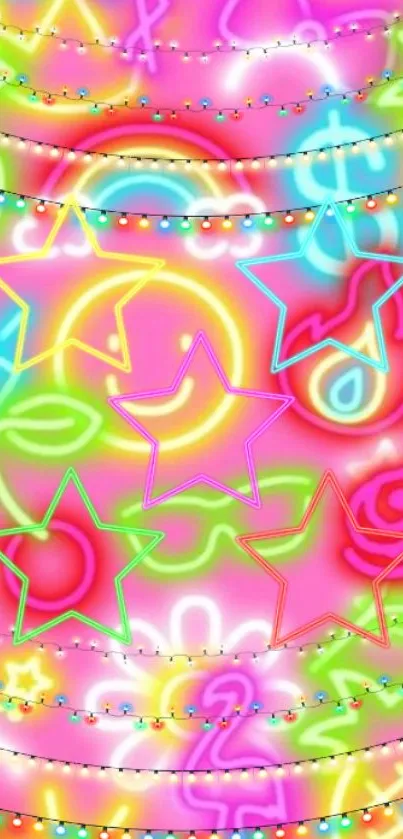 Colorful neon stars and shapes on a pink background.