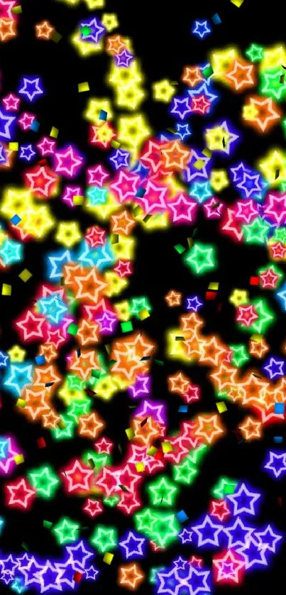 Vibrant neon stars on a dark background mobile wallpaper.