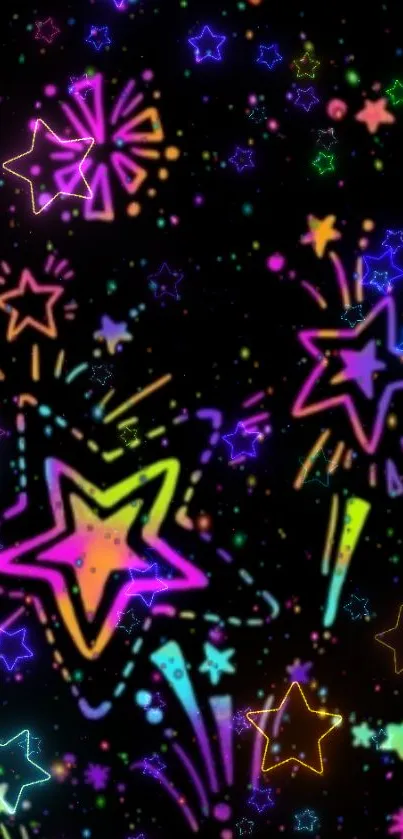 Neon starry mobile wallpaper with vibrant colors on a black background.