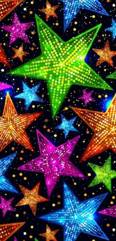 Vibrant wallpaper featuring neon stars in various colors on a black background.