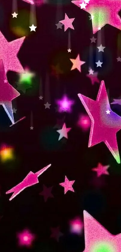 Vibrant neon stars wallpaper with pink and colorful elements on a dark background.