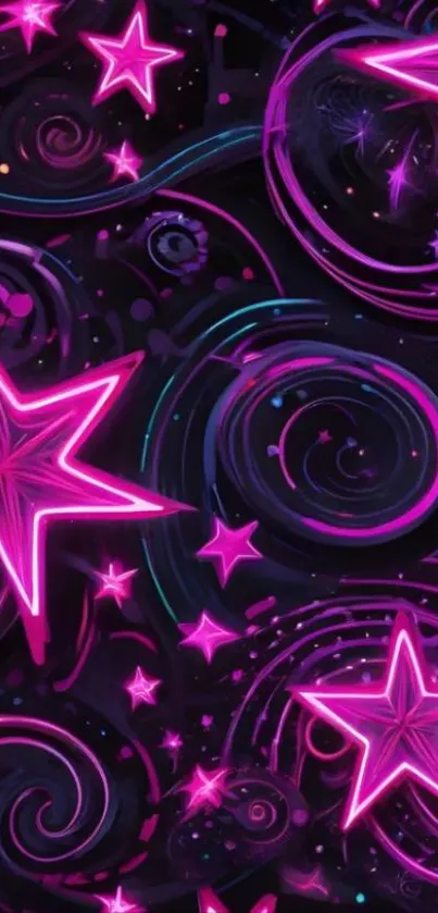 Neon stars on dark swirling background.