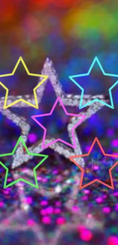 Colorful neon stars on sparkling background wallpaper.