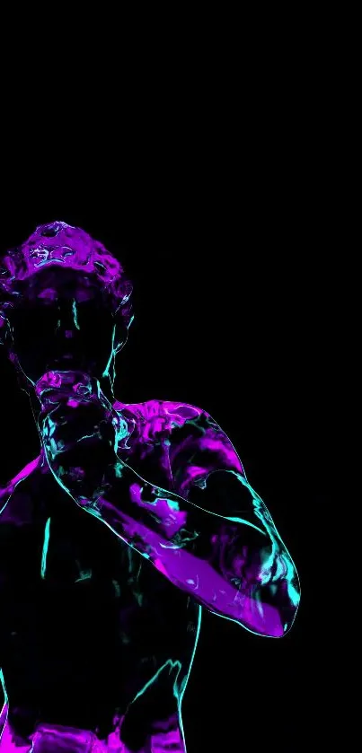 Neon statue in pink and blue on black background.