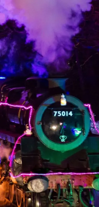 Neon-lit steam train in vibrant purple night.