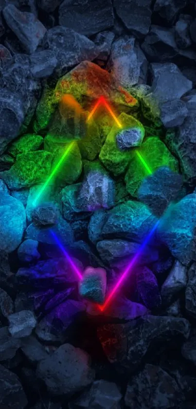 Neon geometric pattern over dark stones.