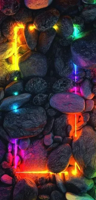 Colorful neon stones glowing vibrantly.