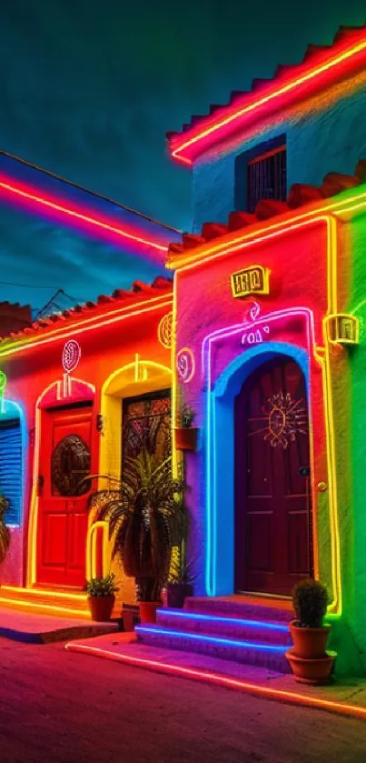 Colorful neon-lit buildings creating vibrant street art ambience.