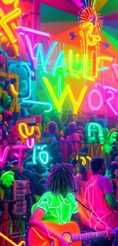 Vibrant neon street art with colorful characters and lights on phone wallpaper.