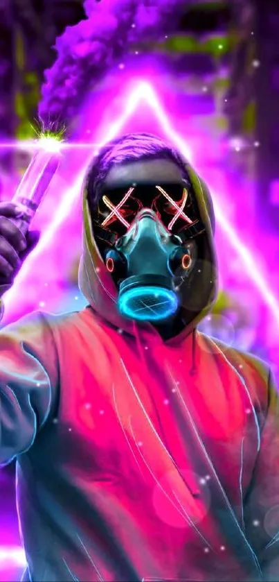 Masked figure in vibrant neon light with purple and pink glow.