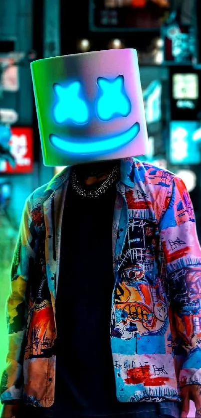 Neon street art wallpaper with glowing mask and graffiti-style clothing.