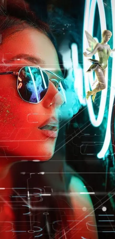 Person in sunglasses with neon lights and vibrant colors.