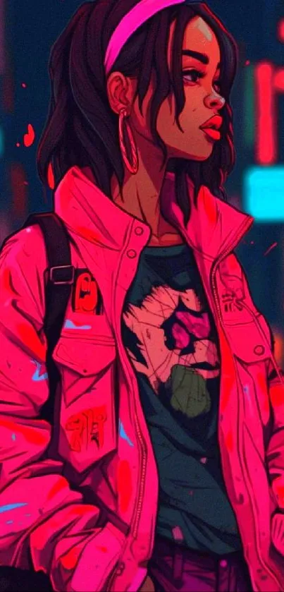 Cyberpunk style art of a stylish woman in neon background.