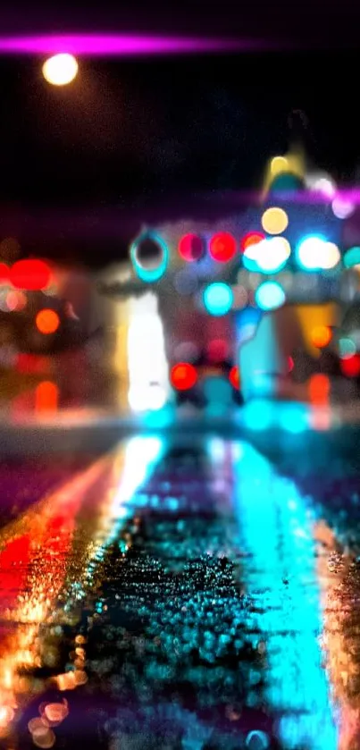 Vibrant neon streetlights reflecting on a wet urban roadway at night.