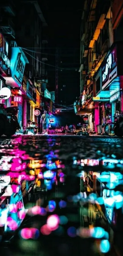 Reflective neon-lit urban street at night.