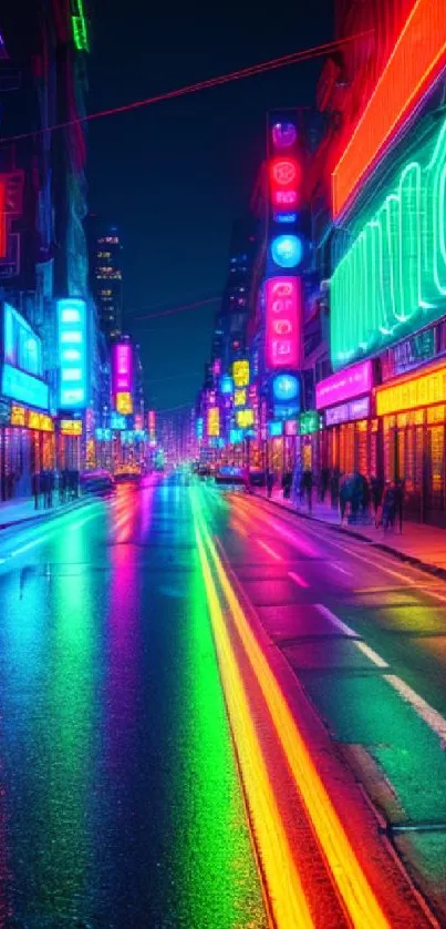 Vibrant neon-lit city street at night with colorful reflections on wet pavement.