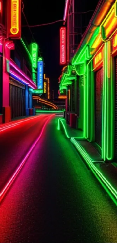 Vibrant neon city street with glowing lights and colorful signs.