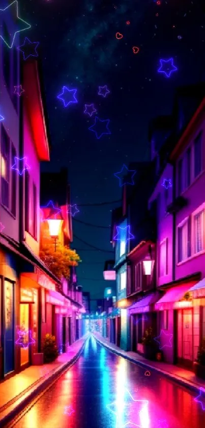 Vibrant neon street wallpaper with colorful lights and a starry sky.