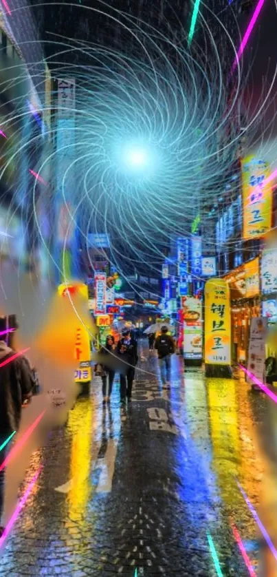 Vibrant neon street at night with digital art effects and glowing colors.