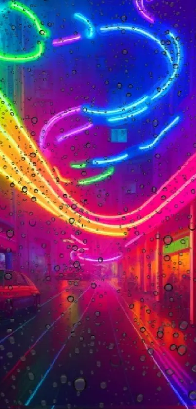 Colorful neon lights illuminate a rainy urban street in vibrant hues.