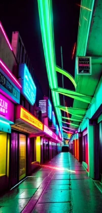 Vibrant neon street with colorful lights at night in an urban setting.