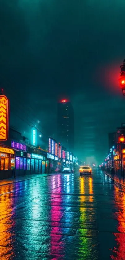 Vibrant urban street with neon lights at night.