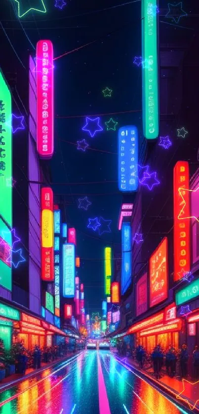 Vibrant neon-lit city street wallpaper.