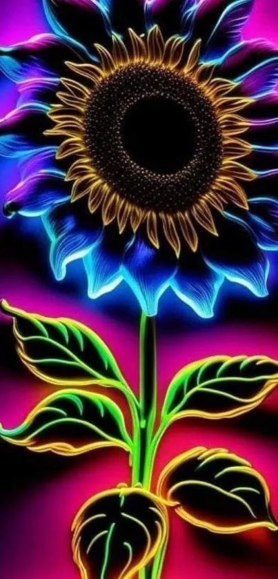 Vibrant neon sunflower with colorful petals and glowing effect.