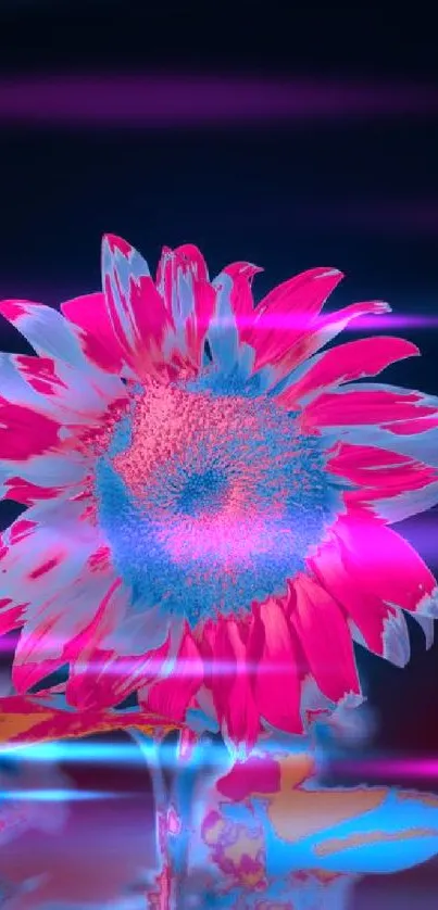 A vibrant neon sunflower art on a dark background with electric pink and blue hues.