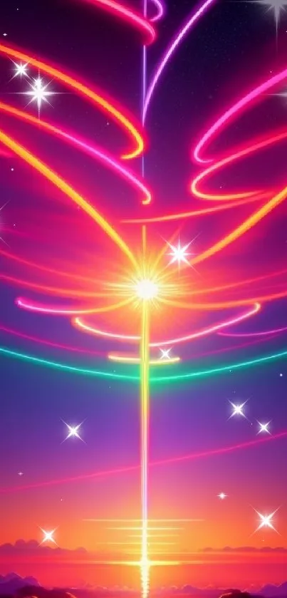 Vibrant neon sunset art with dynamic glowing lines.