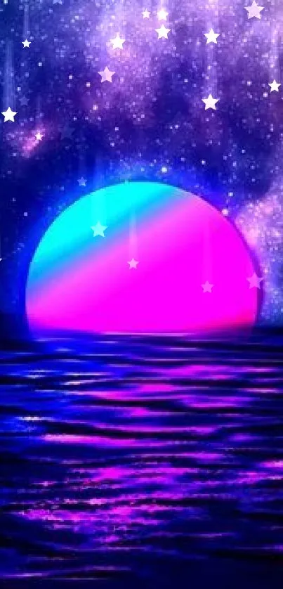 Neon sunset over cosmic ocean with vibrant colors.