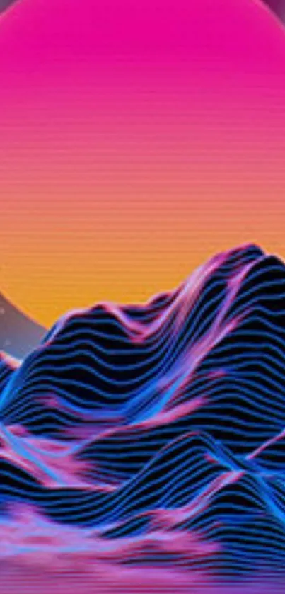 Neon mountain landscape with vibrant sunset.