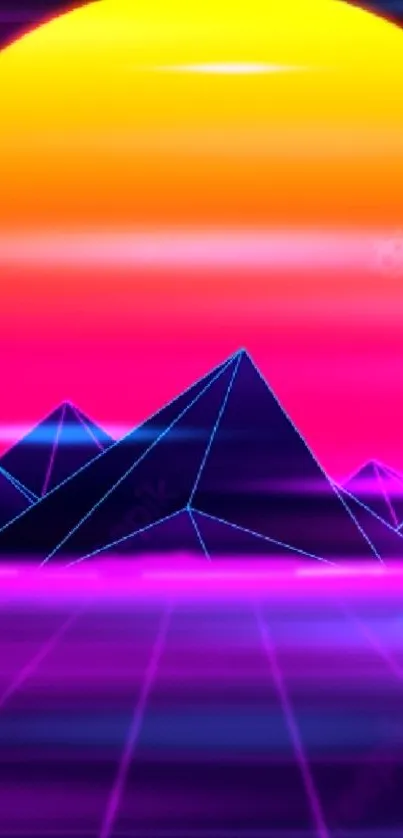 Vibrant neon sunset wallpaper with futuristic mountains and glowing sun.