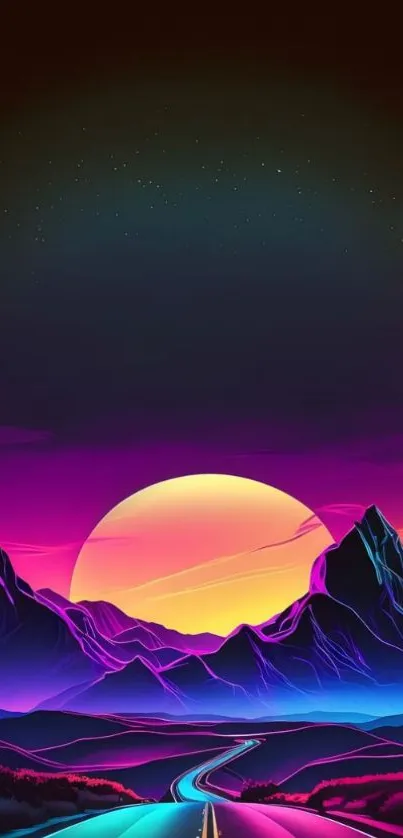 Vibrant neon sunset over mountains with a vivid color scheme.