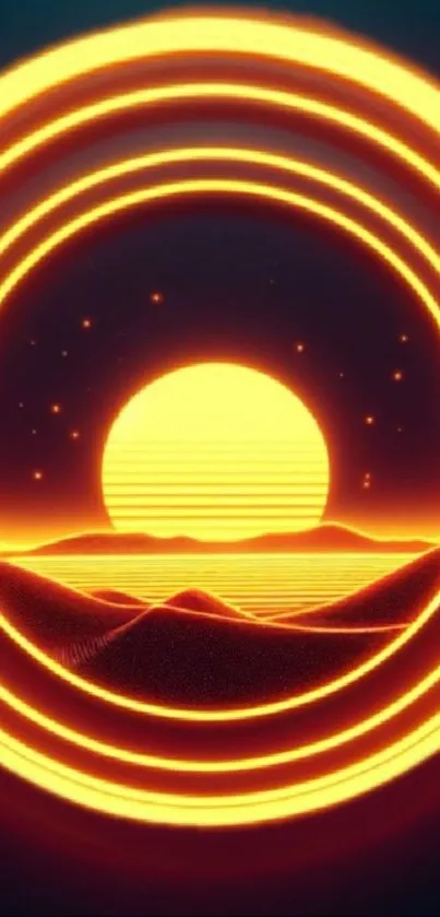 Neon sunset with glowing orange rings over a scenic landscape.