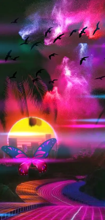 Vibrant neon sunset with birds and butterfly.