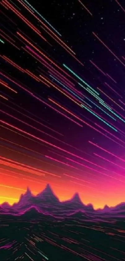 Vibrant neon sunset with dynamic rays over silhouetted mountains.