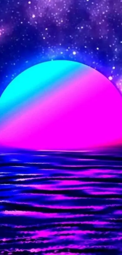 Vibrant neon sunset over ocean with cosmic sky.