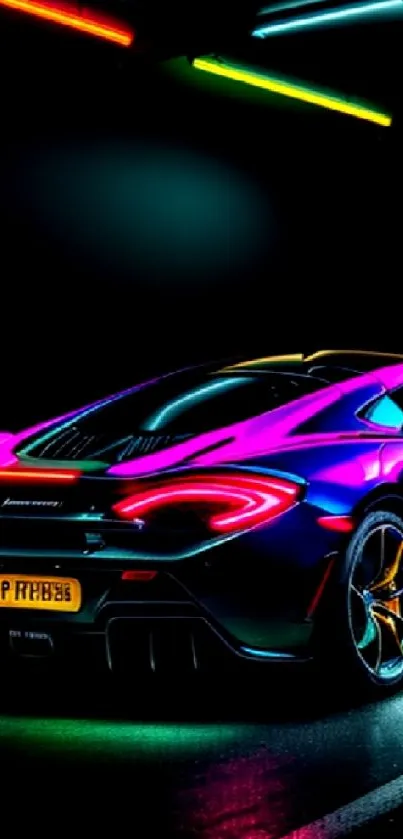 Vibrant neon supercar with colorful lights in a dark setting.