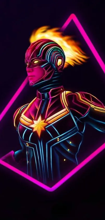 Neon superhero character with vibrant colors in a dynamic pose.