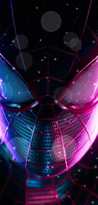 Neon superhero mask with vibrant colors against a cosmic backdrop.