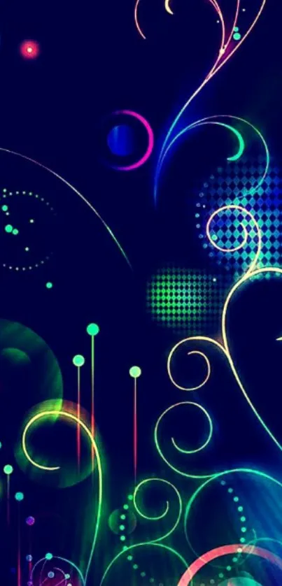 Vibrant neon swirl on dark blue background wallpaper.